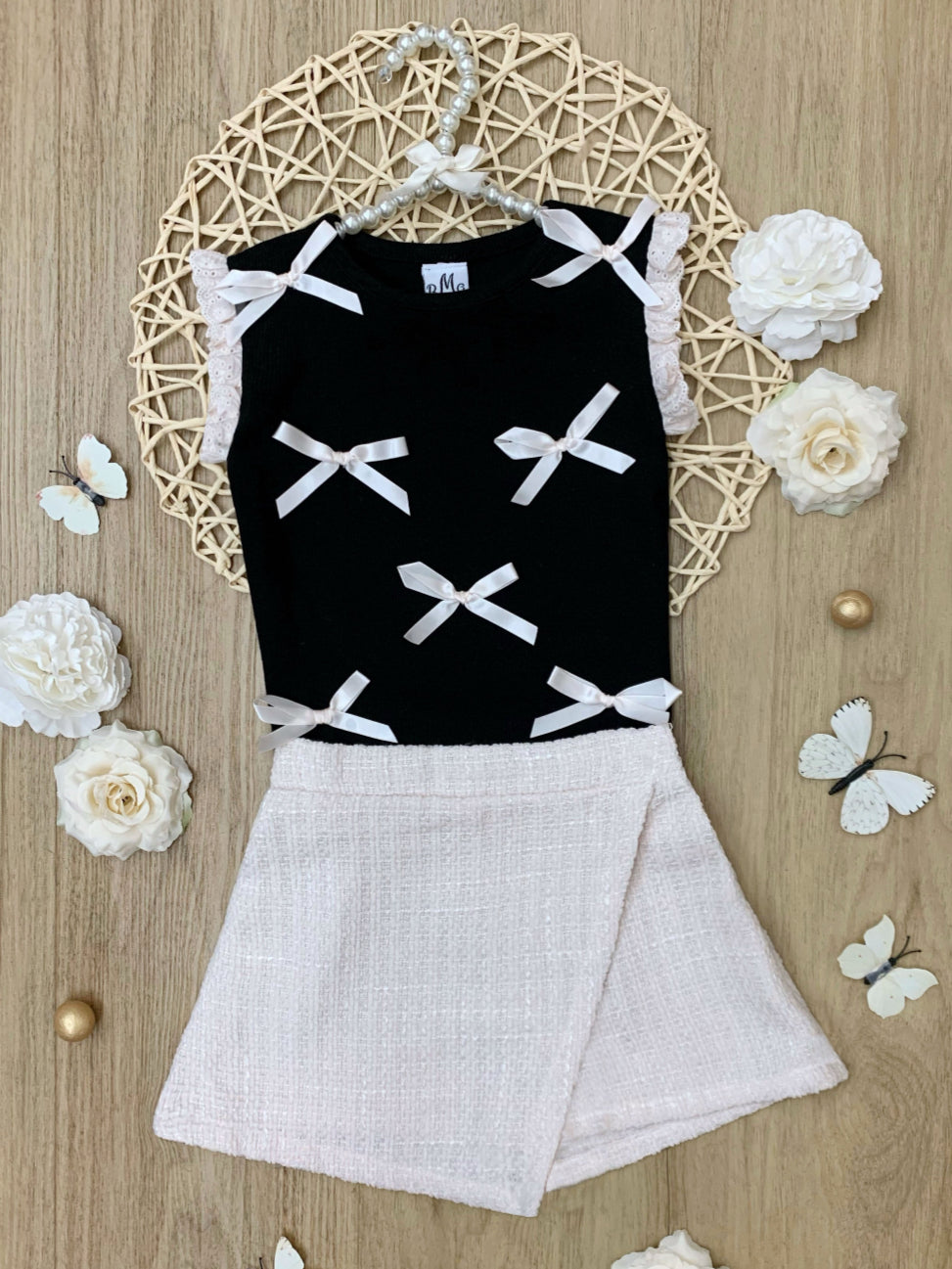 Black Bow Top and White Tweed Skort Set