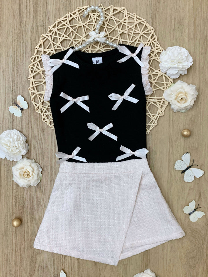 Black Bow Top and White Tweed Skort Set