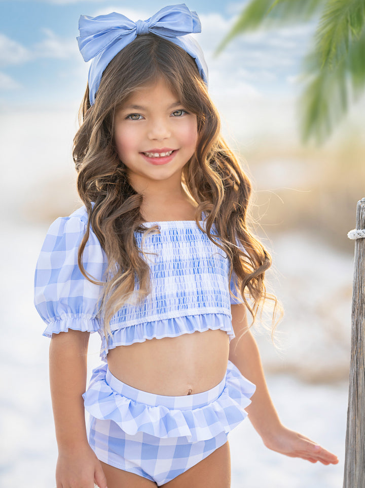 Blue Gingham Smocked Puff Sleeve Two-Piece Swimsuit