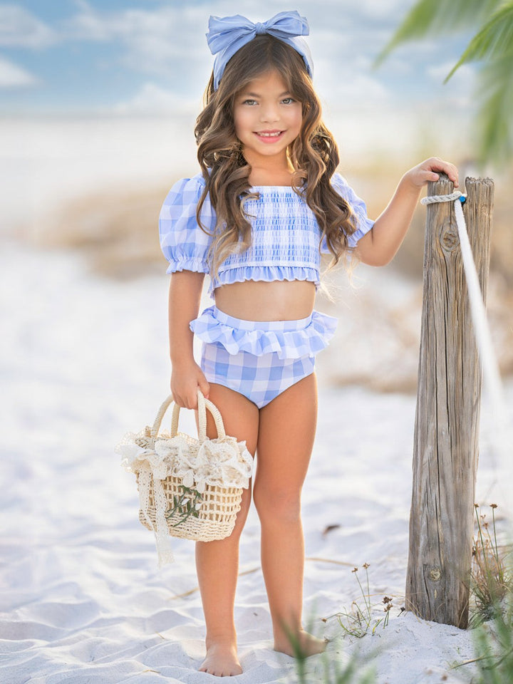 Blue Gingham Smocked Puff Sleeve Two-Piece Swimsuit