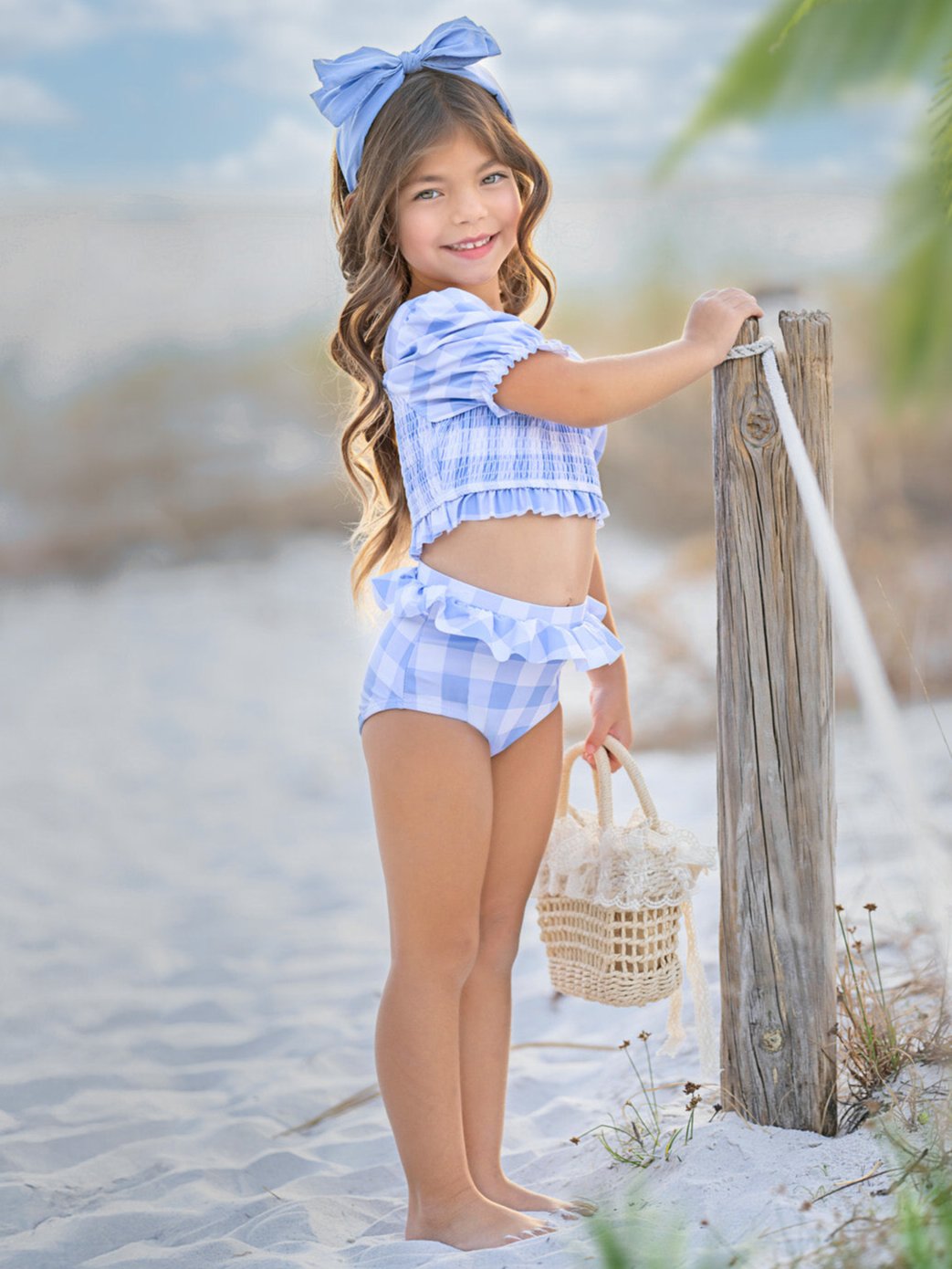 Blue Gingham Smocked Puff Sleeve Two-Piece Swimsuit