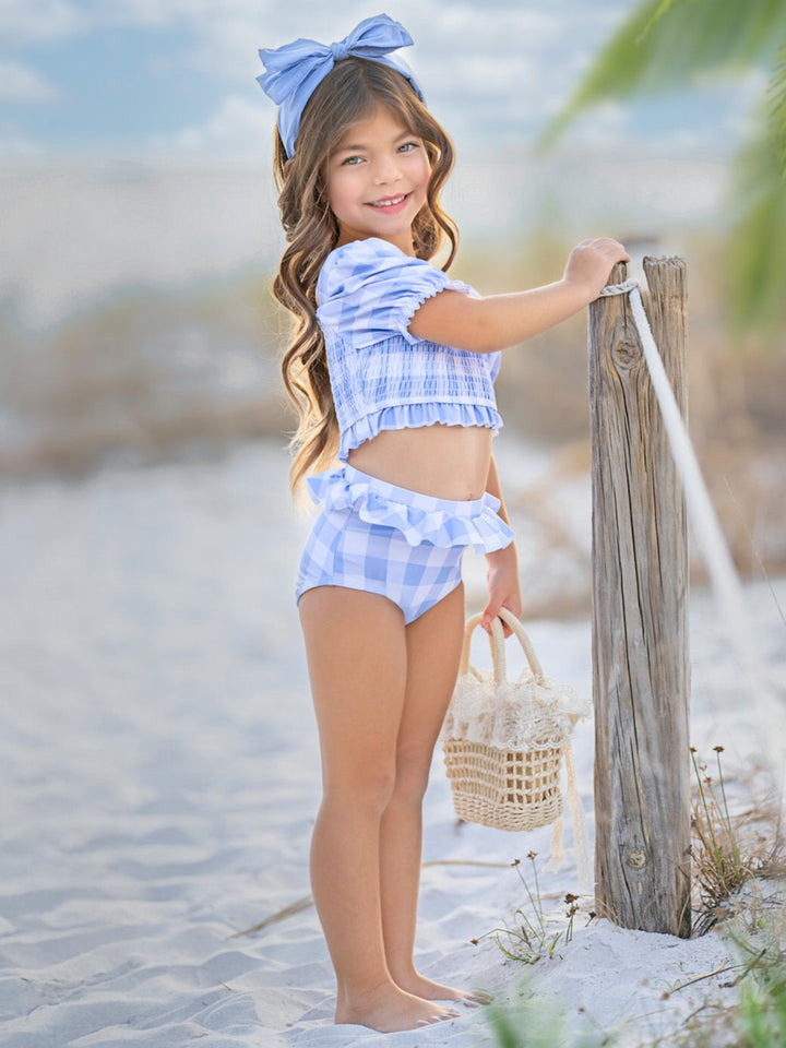 Blue Gingham Smocked Puff Sleeve Two-Piece Swimsuit