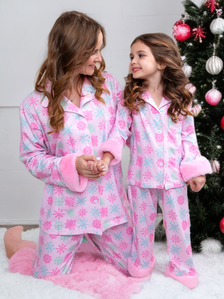 Mommy and Me Frosted Flurries Pink Snowflake Furry Pajama Set