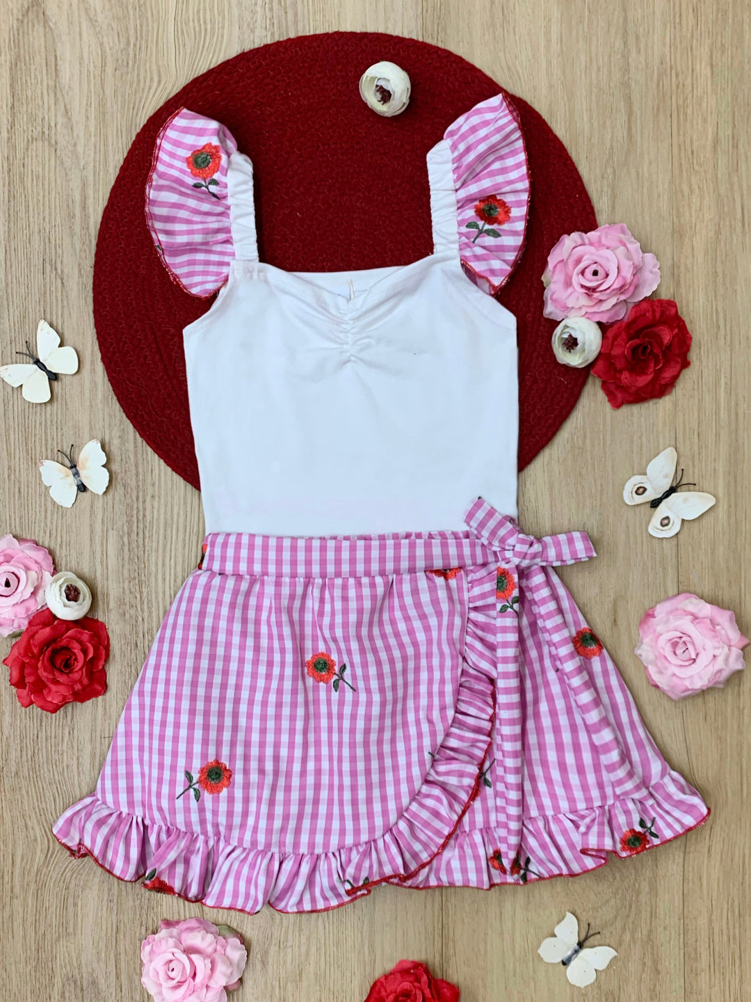 Cherry Blossom Gingham Top and Ruffle Skort Set