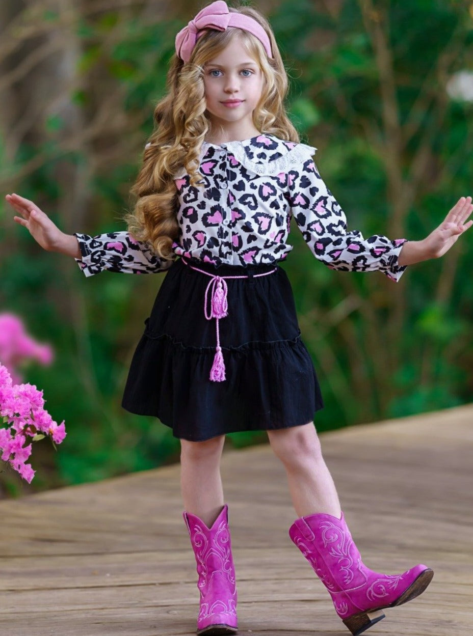 Cute Outfits For Girls | Leopard Heart Blouse & Skirt Set | Girls Boutique