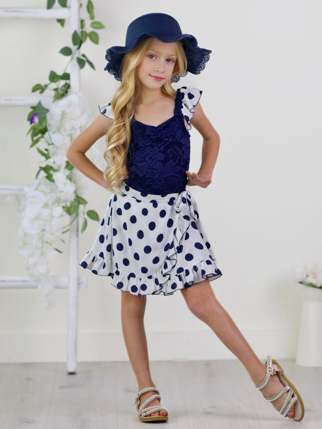 Dotty Delight Top and Floral Ruffle Skort Set