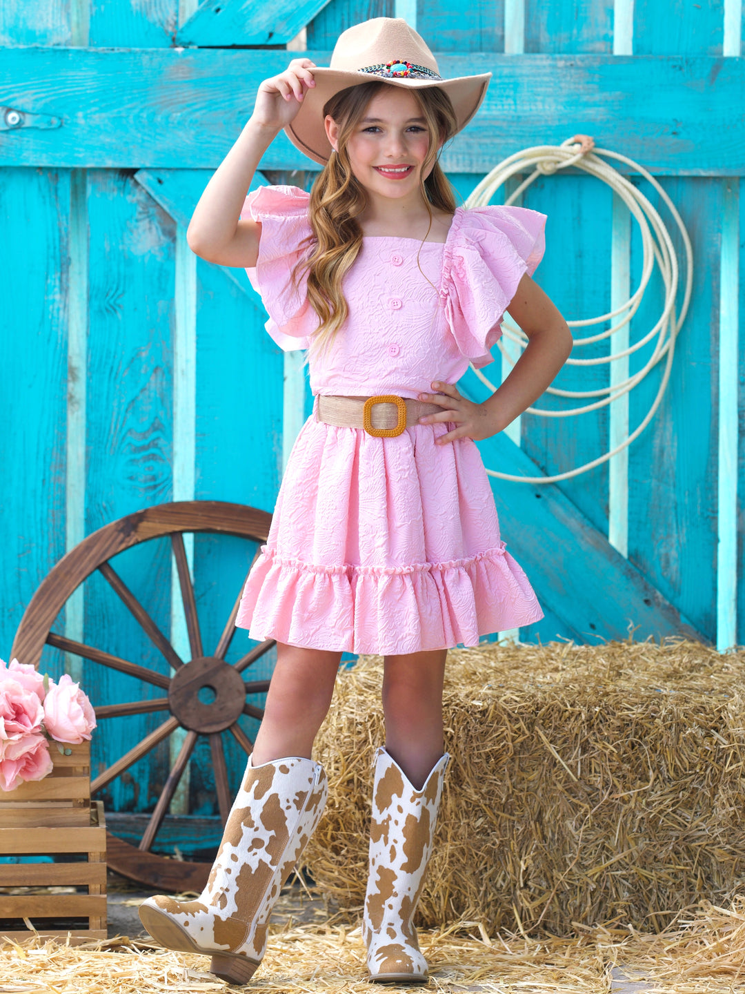 Blush Pink Ruffle Sleeve Belted Skirt Set