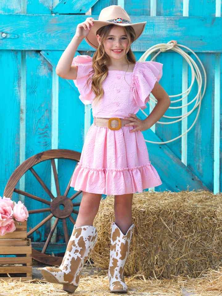 Blush Pink Ruffle Sleeve Belted Skirt Set