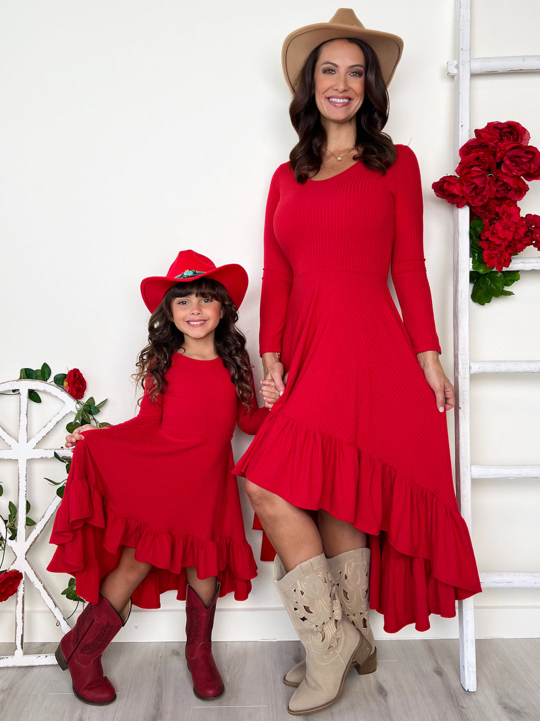 Mommy and Me Red Ruffled Rib Hi-Lo Twirl Dress