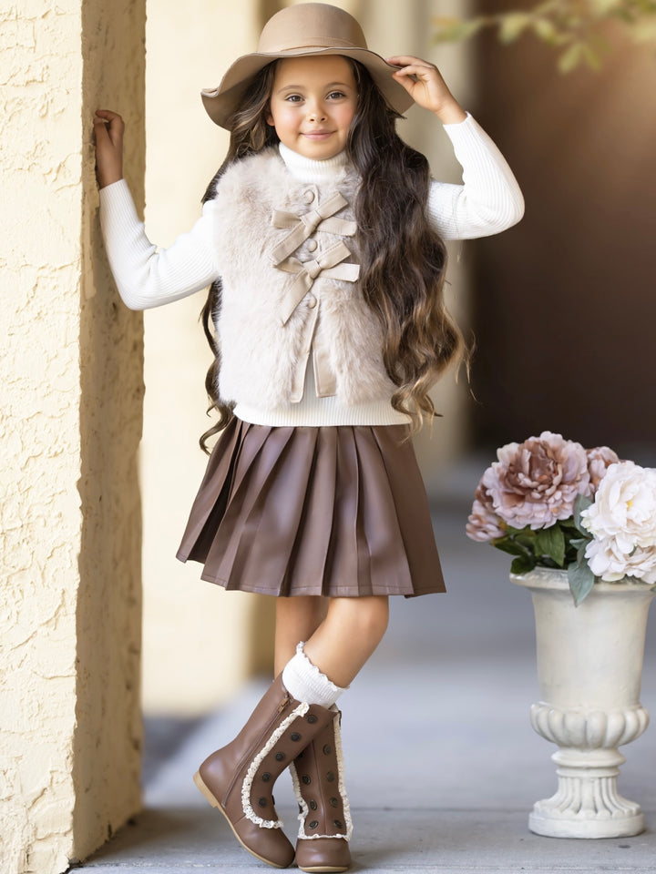 Taupe Faux Fur Bow Vest and Brown Pleated Skirt Set