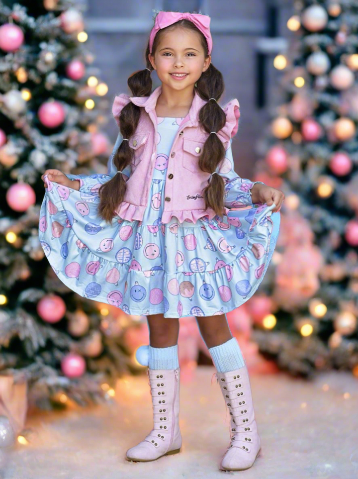SmileyWorld Feeling Festive Faux Suede Vest and Dress Set