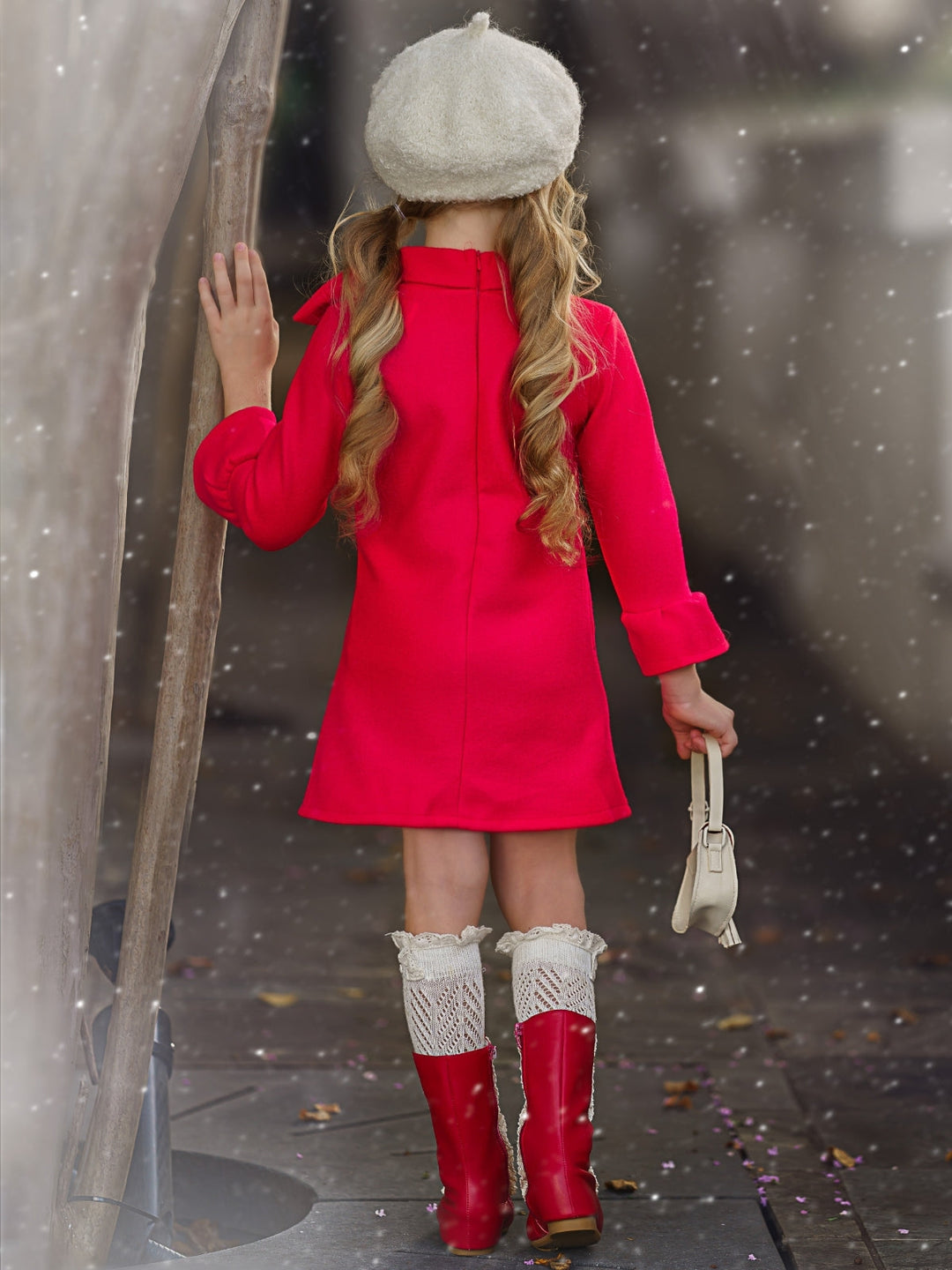 Little girls fall long-sleeve A-line dress with a wide turtle neck, large bow detail, and ruffled scuffs - Mia Belle Girls