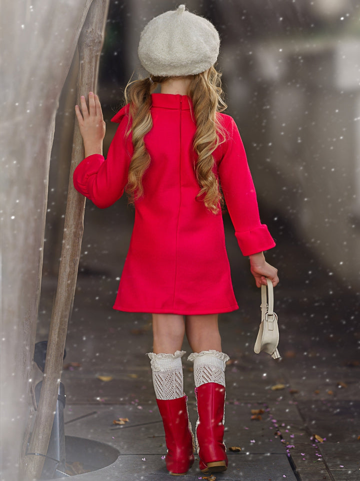 Little girls fall long-sleeve A-line dress with a wide turtle neck, large bow detail, and ruffled scuffs - Mia Belle Girls