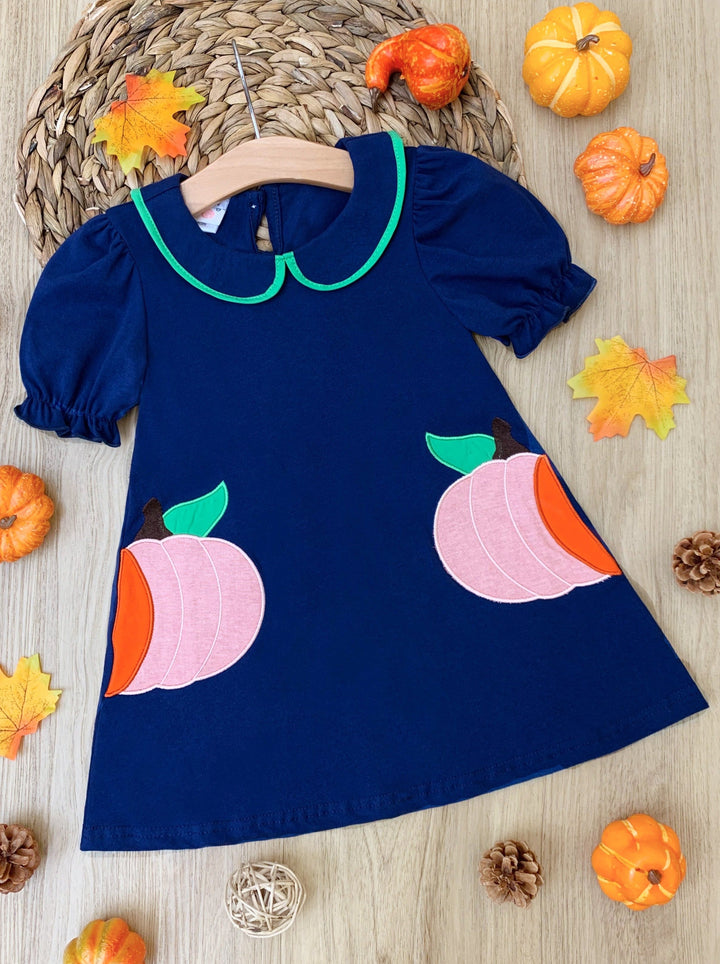 Girls Fall Pumpkin Patch Chambray A-Line Dress - Mia Belle Girls 