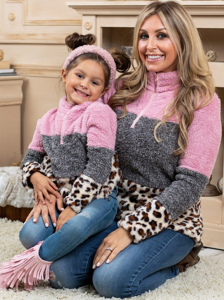 Mommy and Me Matching Sweaters | Leopard Colorblock Fleece Pullovers
