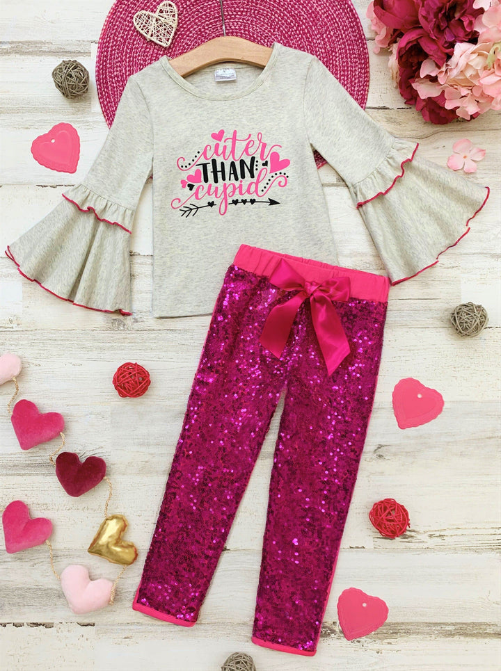 Girls Valentine's Clothes | Cuter Than Cupid Top & Sequin Legging Set
