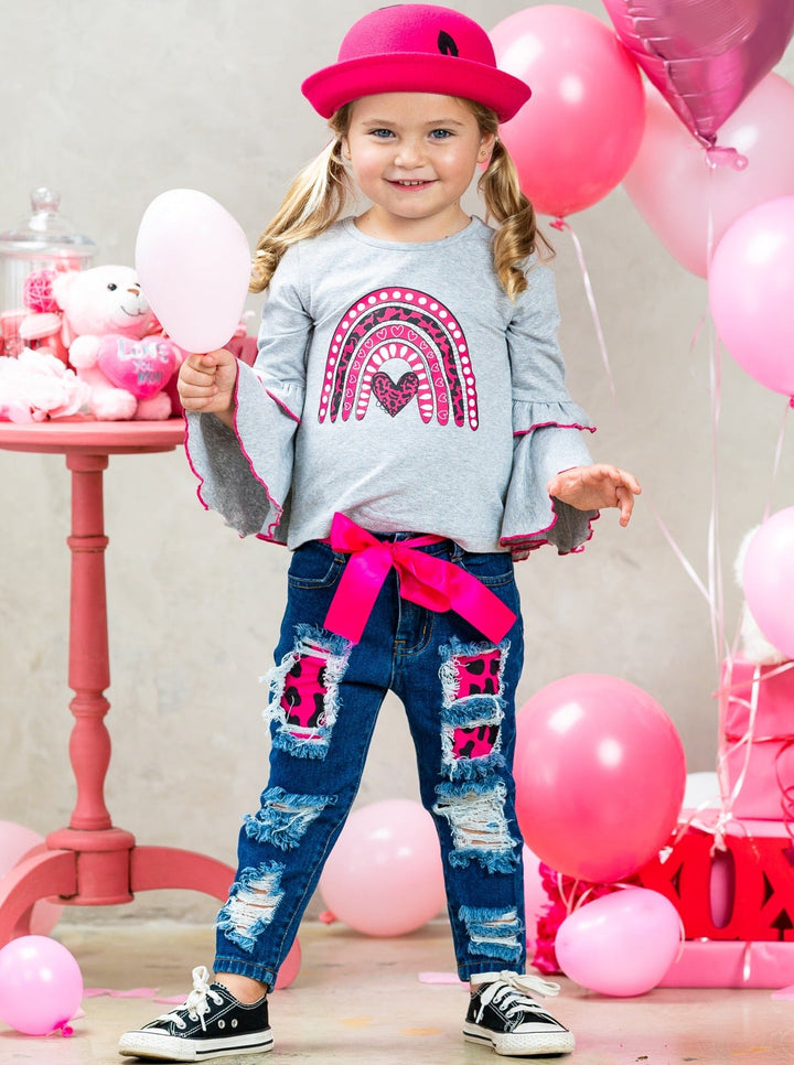 Kids Valentine's Clothes | Girls Bell Sleeve Top & Patched Jeans Set