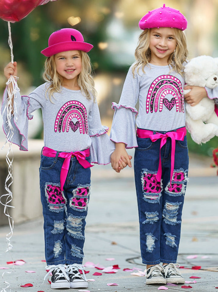 Kids Valentine's Clothes | Girls Bell Sleeve Top & Patched Jeans Set
