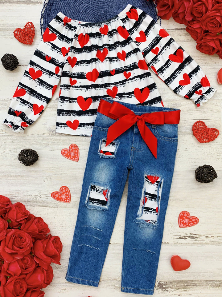 Kids Valentine's Clothes | Girls Striped Heart Print Patched Jeans Set