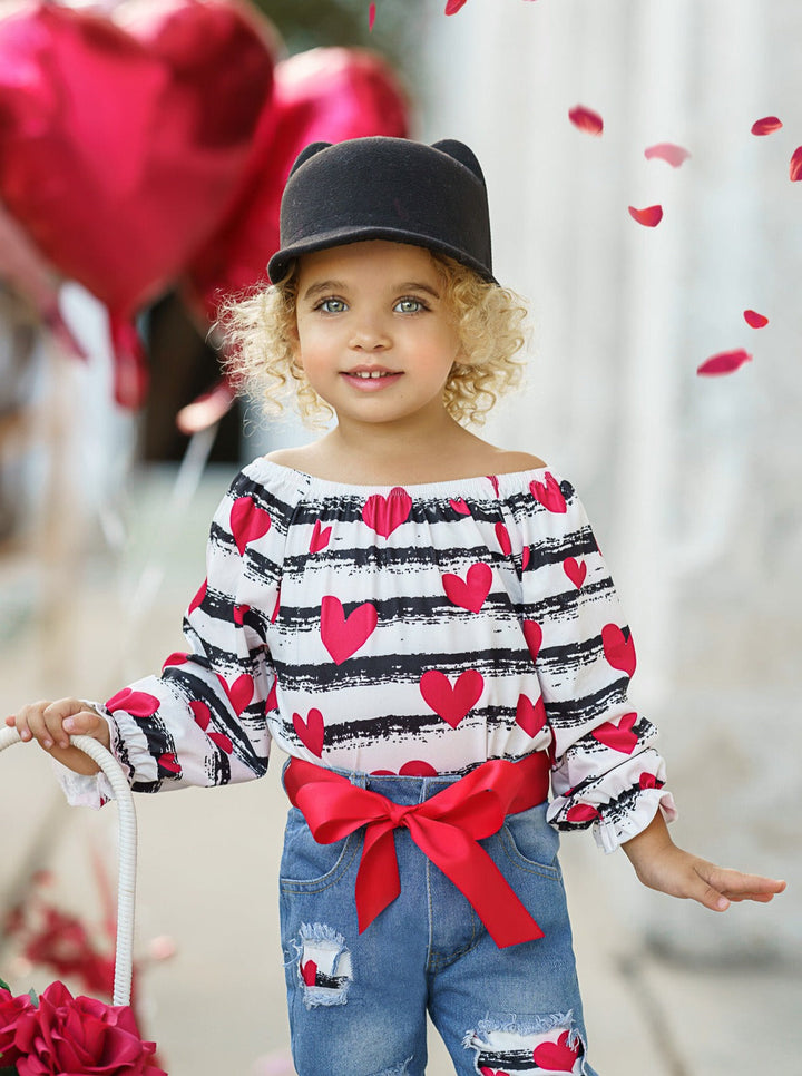Kids Valentine's Clothes | Girls Striped Heart Print Patched Jeans Set