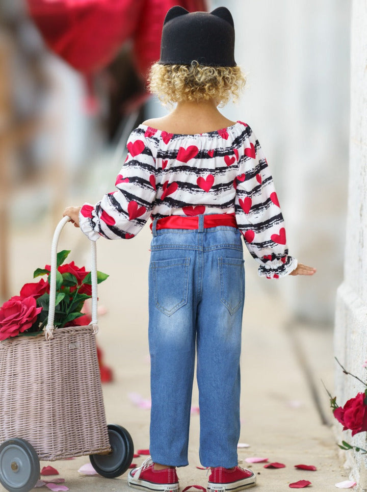 Kids Valentine's Clothes | Girls Striped Heart Print Patched Jeans Set