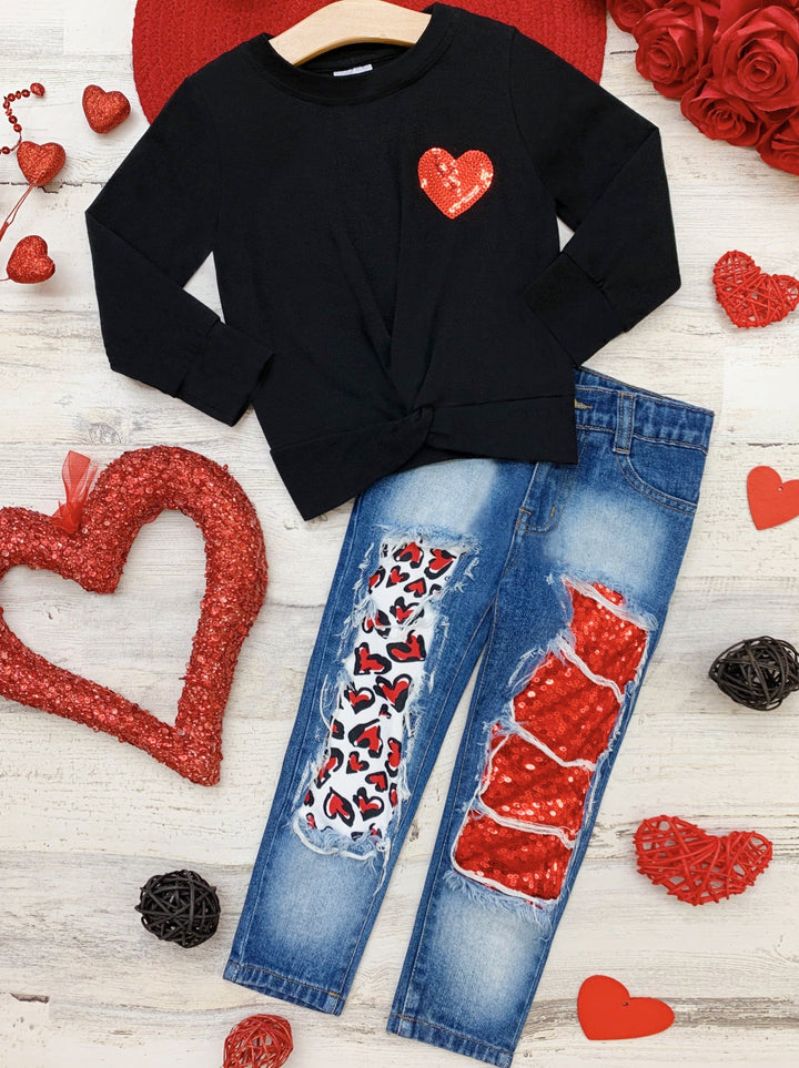 Toddler Valentine's Clothes | Knot Hem Top & Sequin Patched Jeans Set