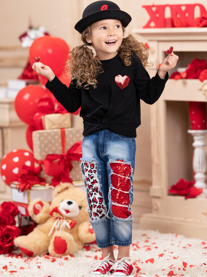 Toddler Valentine's Clothes | Knot Hem Top & Sequin Patched Jeans Set
