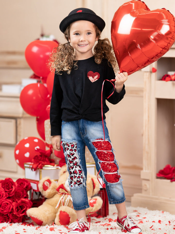 Toddler Valentine's Clothes | Knot Hem Top & Sequin Patched Jeans Set