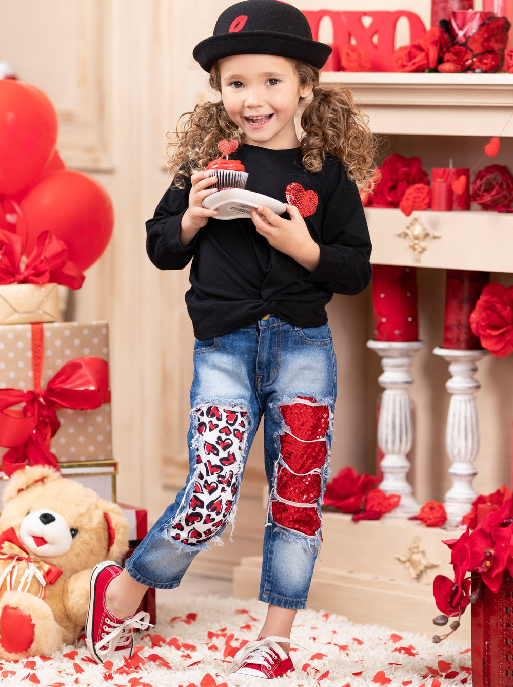 Toddler Valentine's Clothes | Knot Hem Top & Sequin Patched Jeans Set