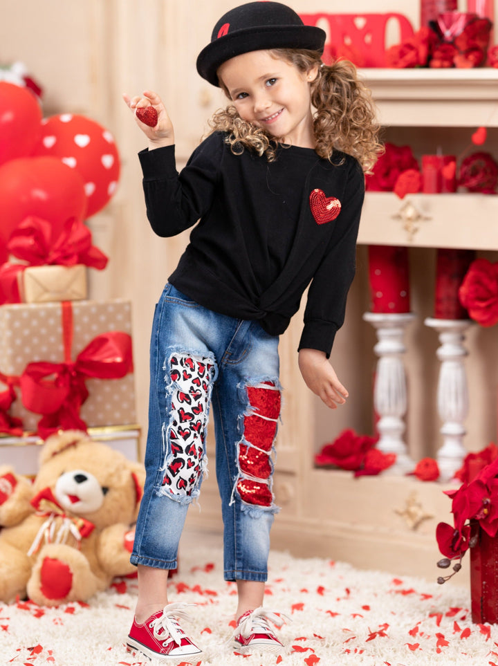 Toddler Valentine's Clothes | Knot Hem Top & Sequin Patched Jeans Set