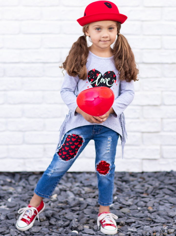 Kids Valentine's Clothes | Girls Heart Fringe Top & Patched Jeans Set