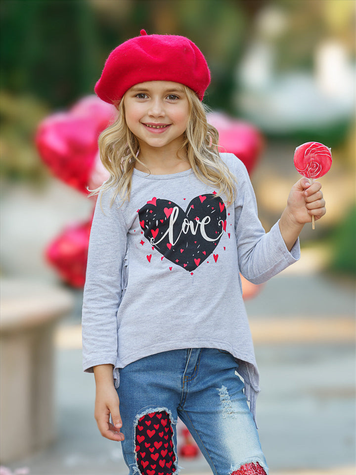 Kids Valentine's Clothes | Girls Heart Fringe Top & Patched Jeans Set