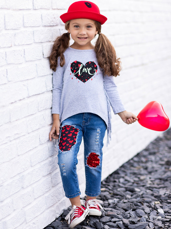 Kids Valentine's Clothes | Girls Heart Fringe Top & Patched Jeans Set