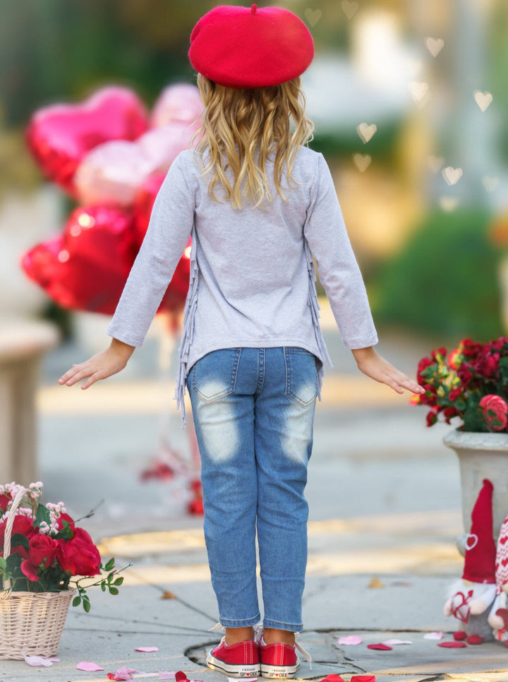 Kids Valentine's Clothes | Girls Heart Fringe Top & Patched Jeans Set
