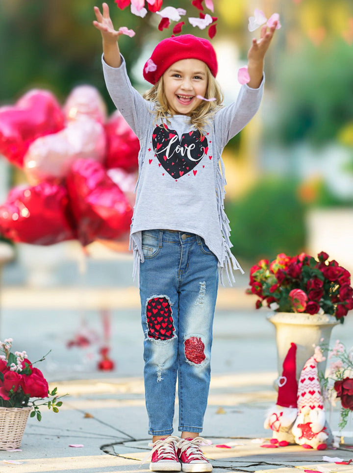 Kids Valentine's Clothes | Girls Heart Fringe Top & Patched Jeans Set