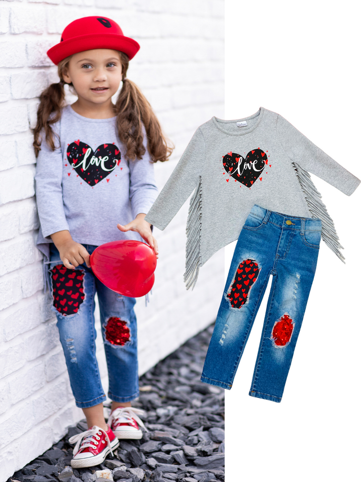 Kids Valentine's Clothes | Girls Heart Fringe Top & Patched Jeans Set