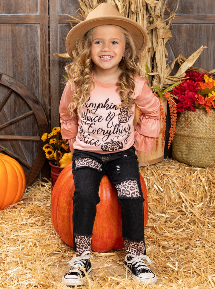 Little Girls Pumpkin Spice Top & Patched Jean Set - Mia Belle Girls