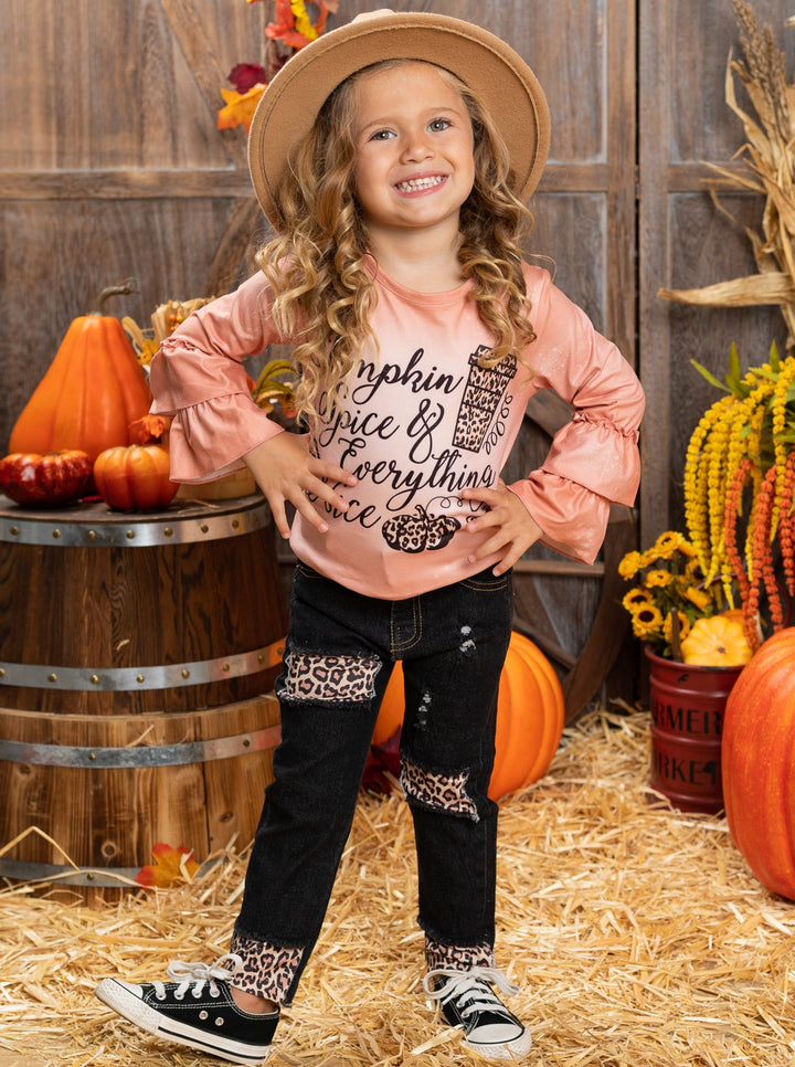 Little Girls Pumpkin Spice Top & Patched Jean Set - Mia Belle Girls