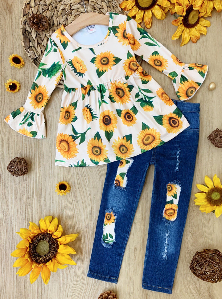 Fall Outfits | Sunflower Patched Jeans Set | Cute Fall Girls Sets