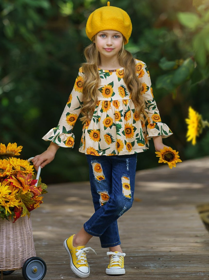 Fall Outfits | Sunflower Patched Jeans Set | Cute Fall Girls Sets