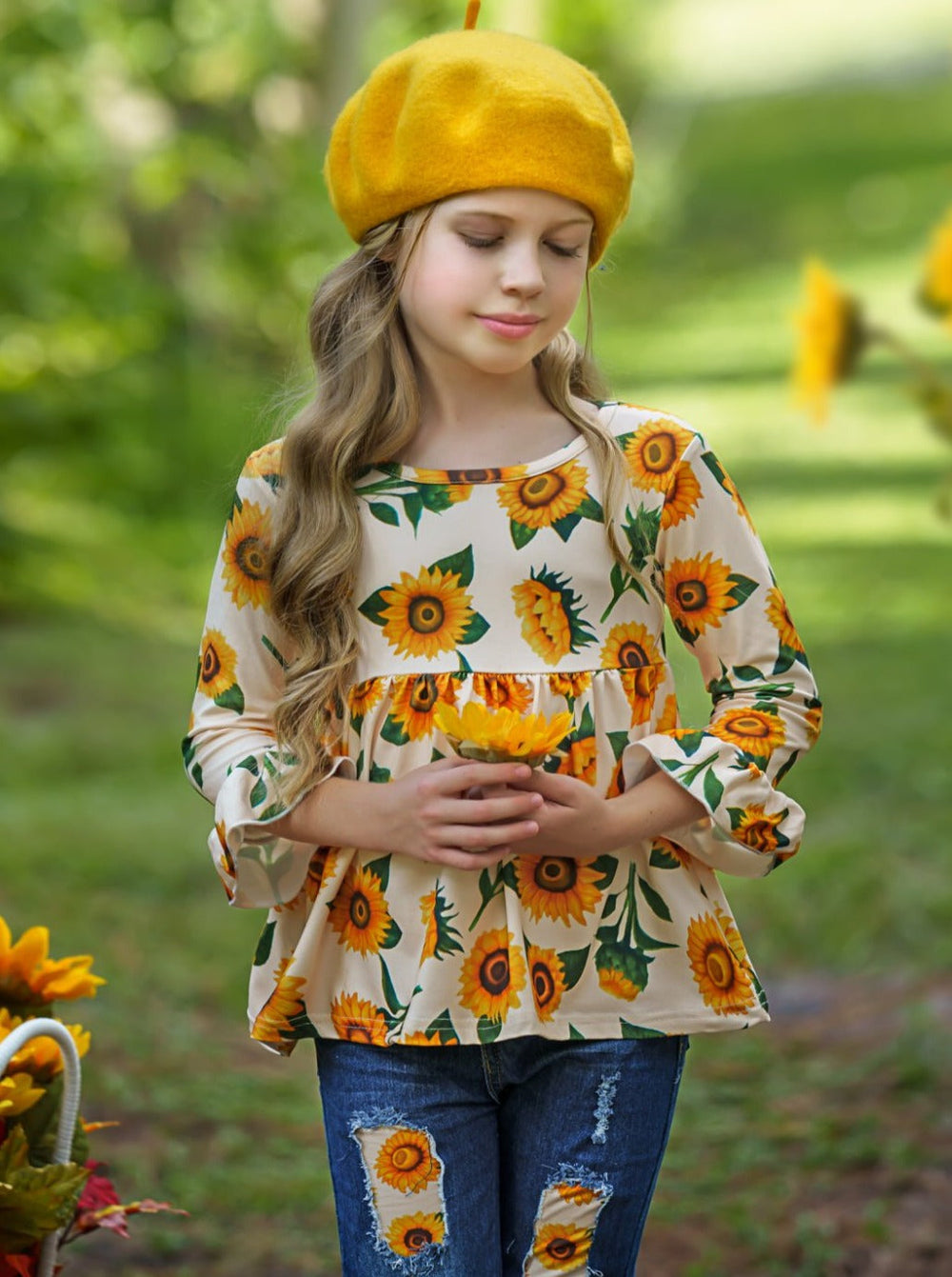 Fall Outfits | Sunflower Patched Jeans Set | Cute Fall Girls Sets