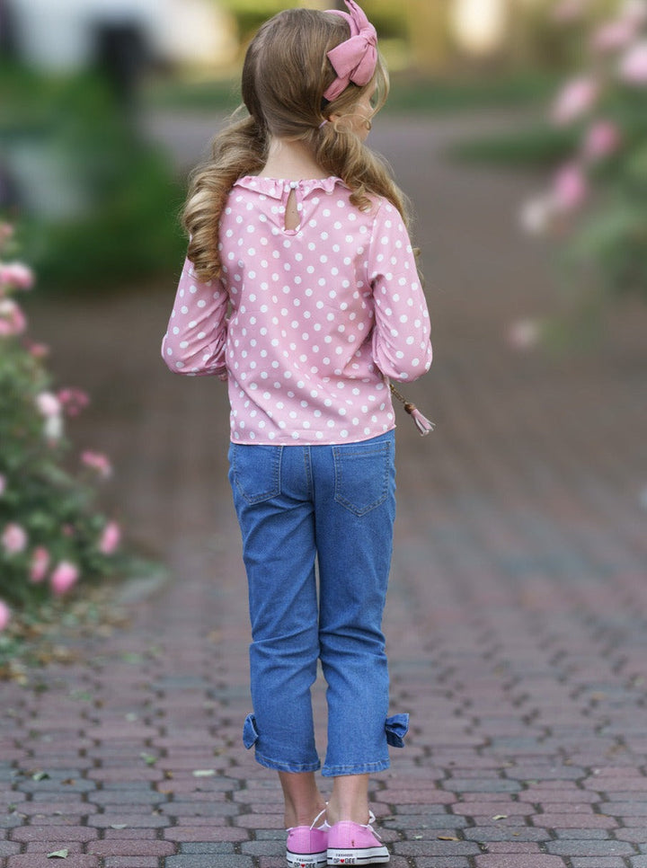 Toddlers Fall Outfits | Girls Ruffle Polka Dot Top & Bow Jeans Set