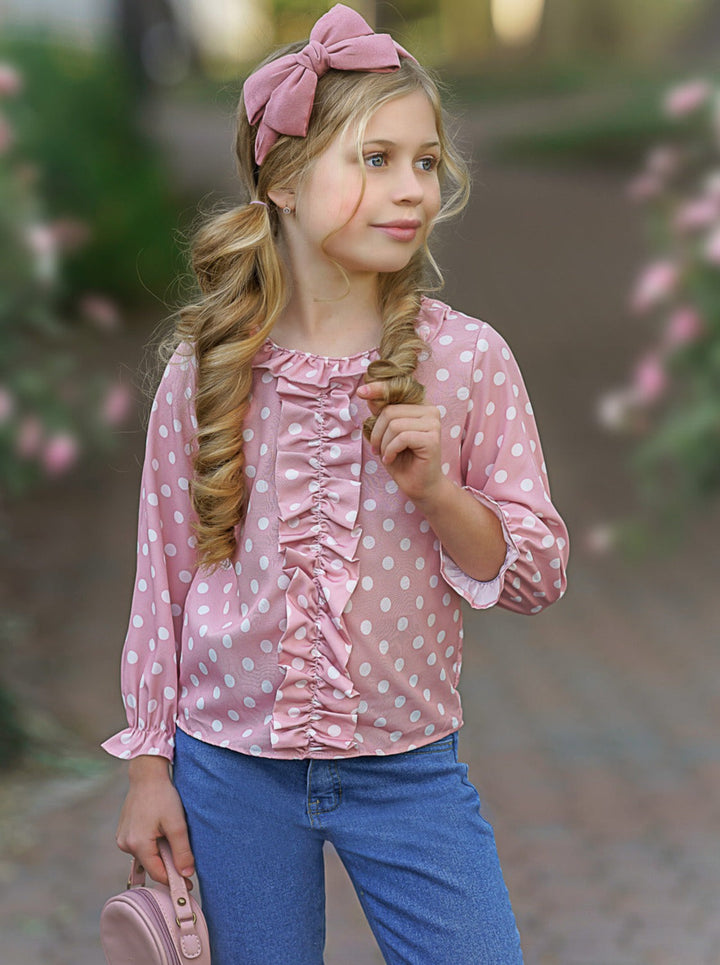 Toddlers Fall Outfits | Girls Ruffle Polka Dot Top & Bow Jeans Set