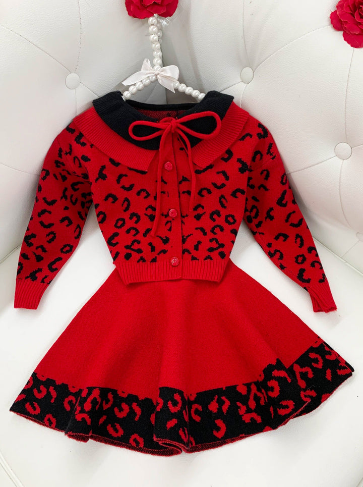 Girls Leopard red and black Collared Buttoned Cardigan and Skirt Set