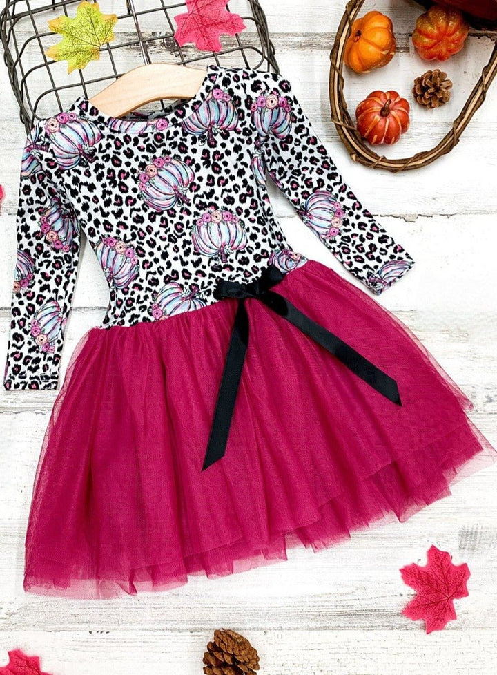 Little girls Fall long-sleeve tutu dress with pastel pumpkin leopard print bodice and gathered tulle skirt embellished with a ribbon bow - Mia Belle Girls