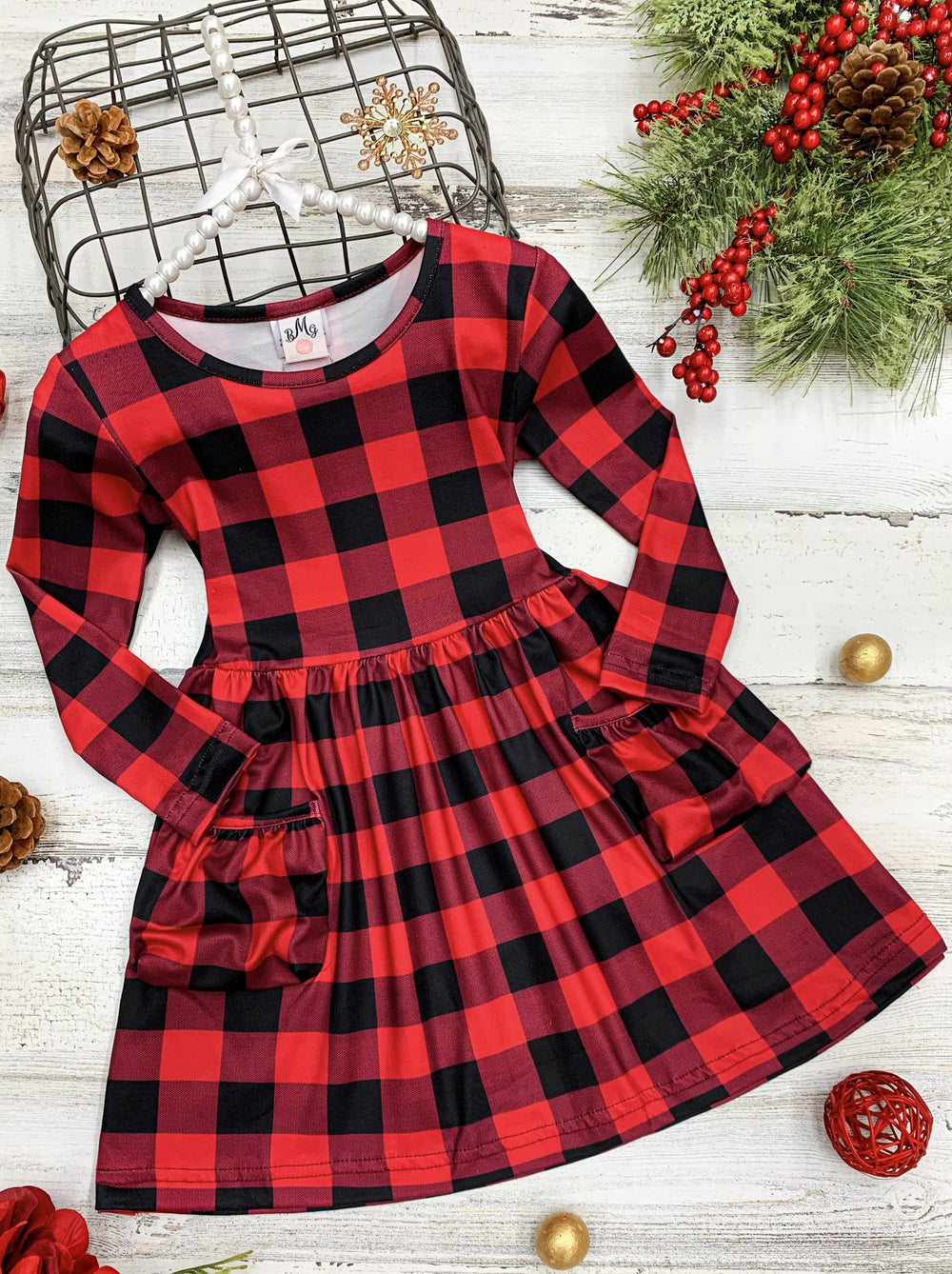 Cute Winter Dresses | Girls Long Sleeve Plaid Pocket A-Line Dress