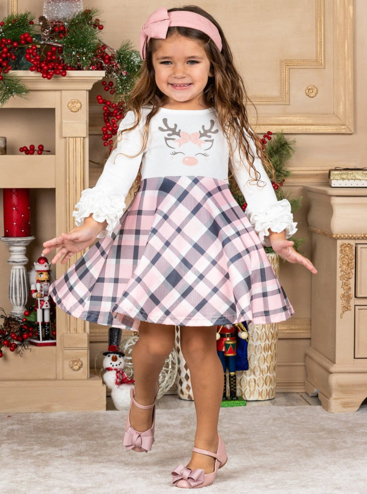 Girls Rudolph Ruffled Sleeve Plaid Dress