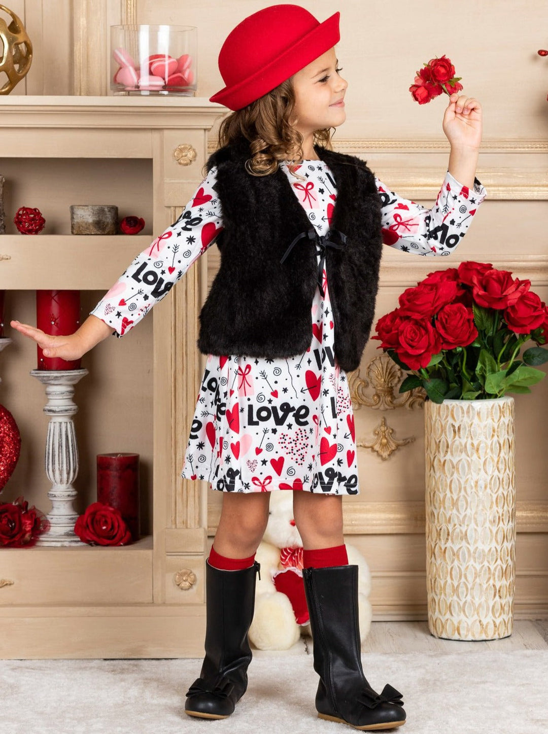 Girls Long Sleeve Valentine Dress and Fuzzy Vest Set 2T-10Y