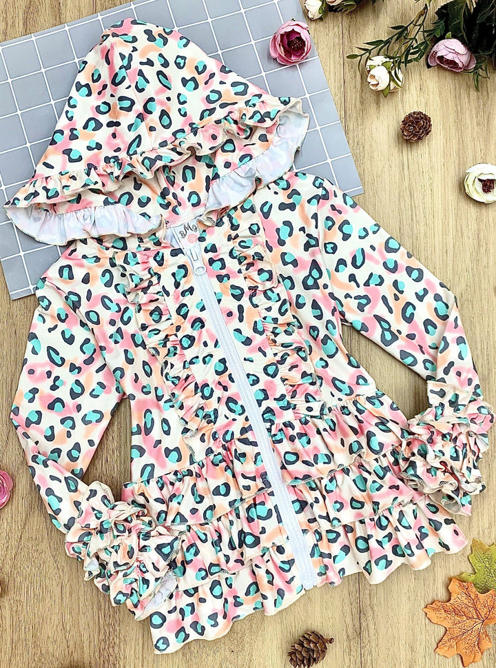 Girls Sweaters | Pastel Leopard Ruffle Hooded Jacket | Mia Belle Girls