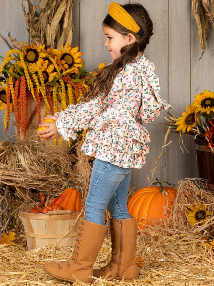 Girls Sweaters | Pastel Leopard Ruffle Hooded Jacket | Mia Belle Girls